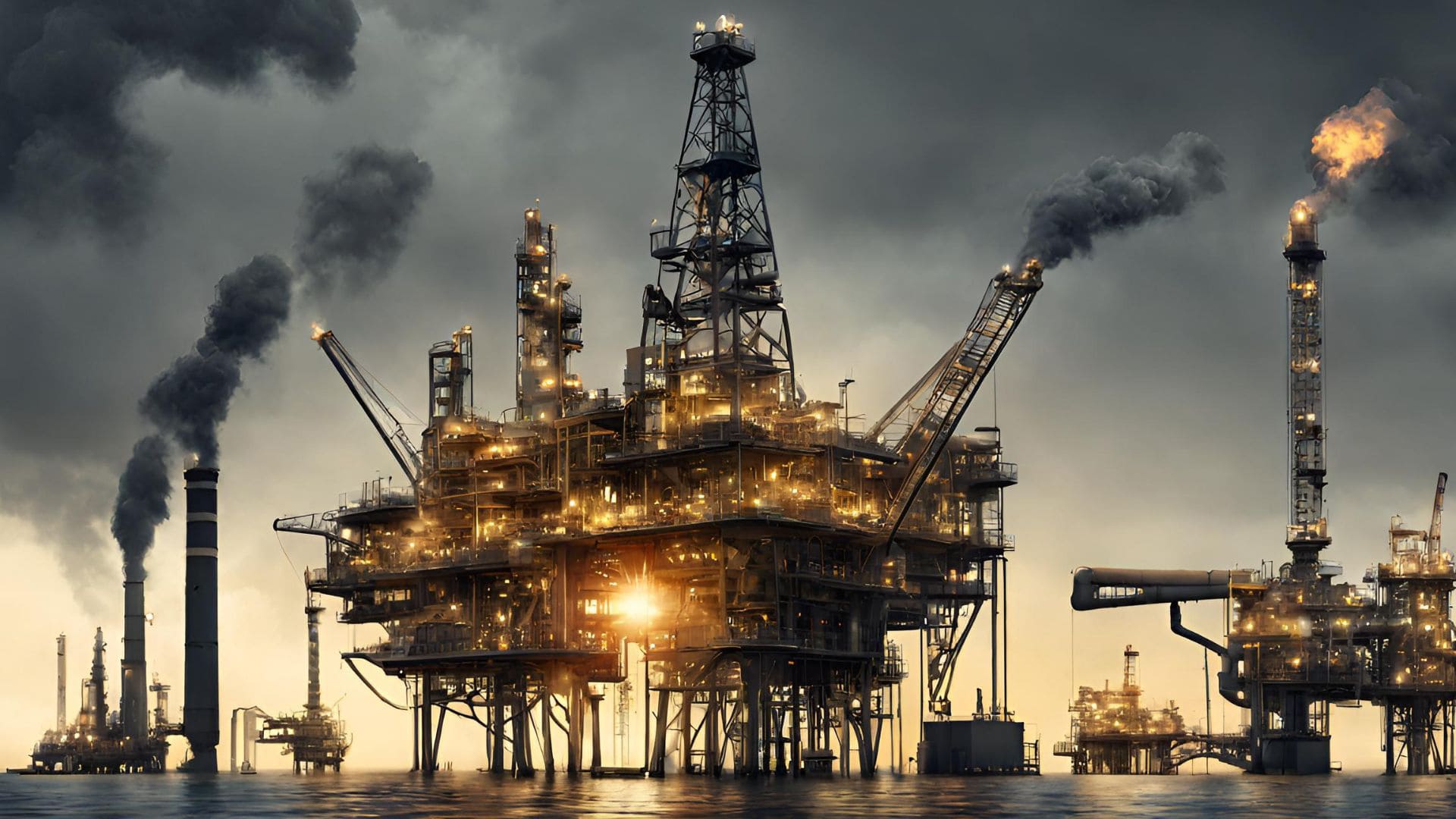Offshore oil rig at dusk